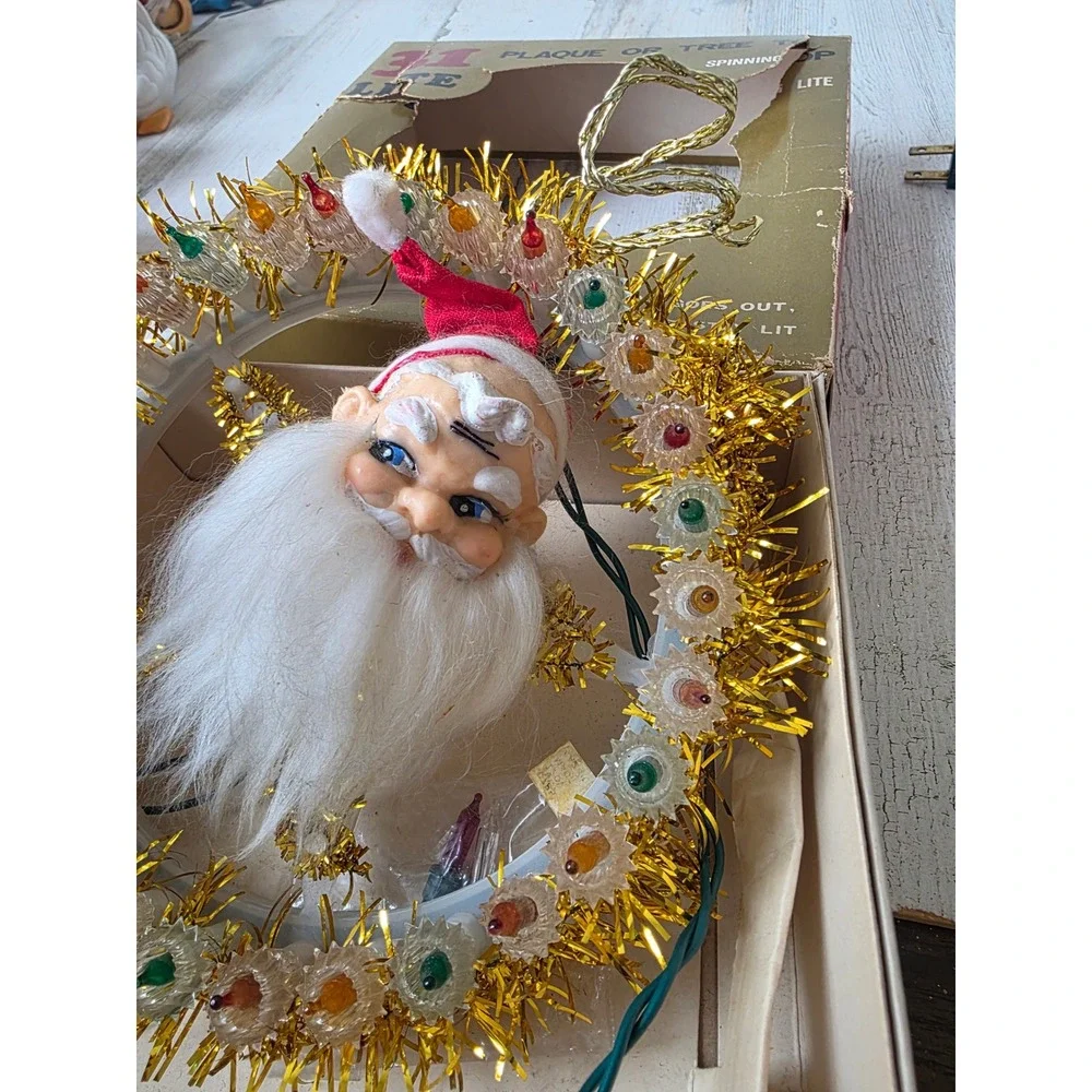 Vintage Holly Santa light up tree topper elf Xmas decor